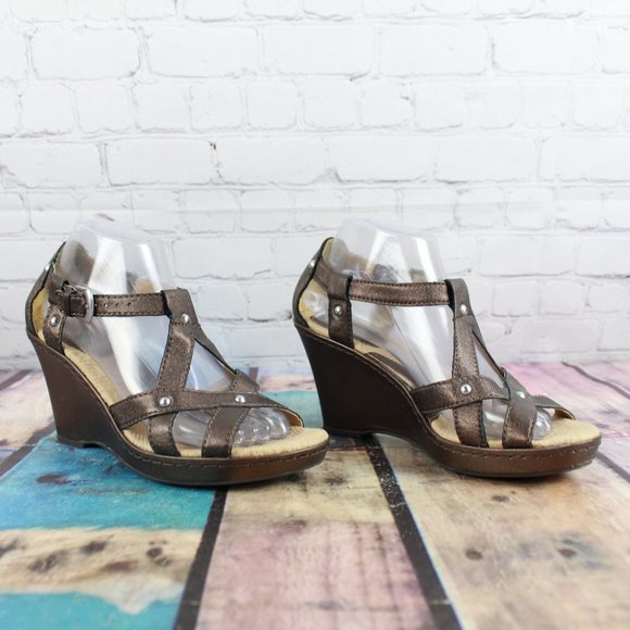 Boc Brown Leather Strappy Studded Wedge Platform Sandals Size 8 - Picture 3 of 9